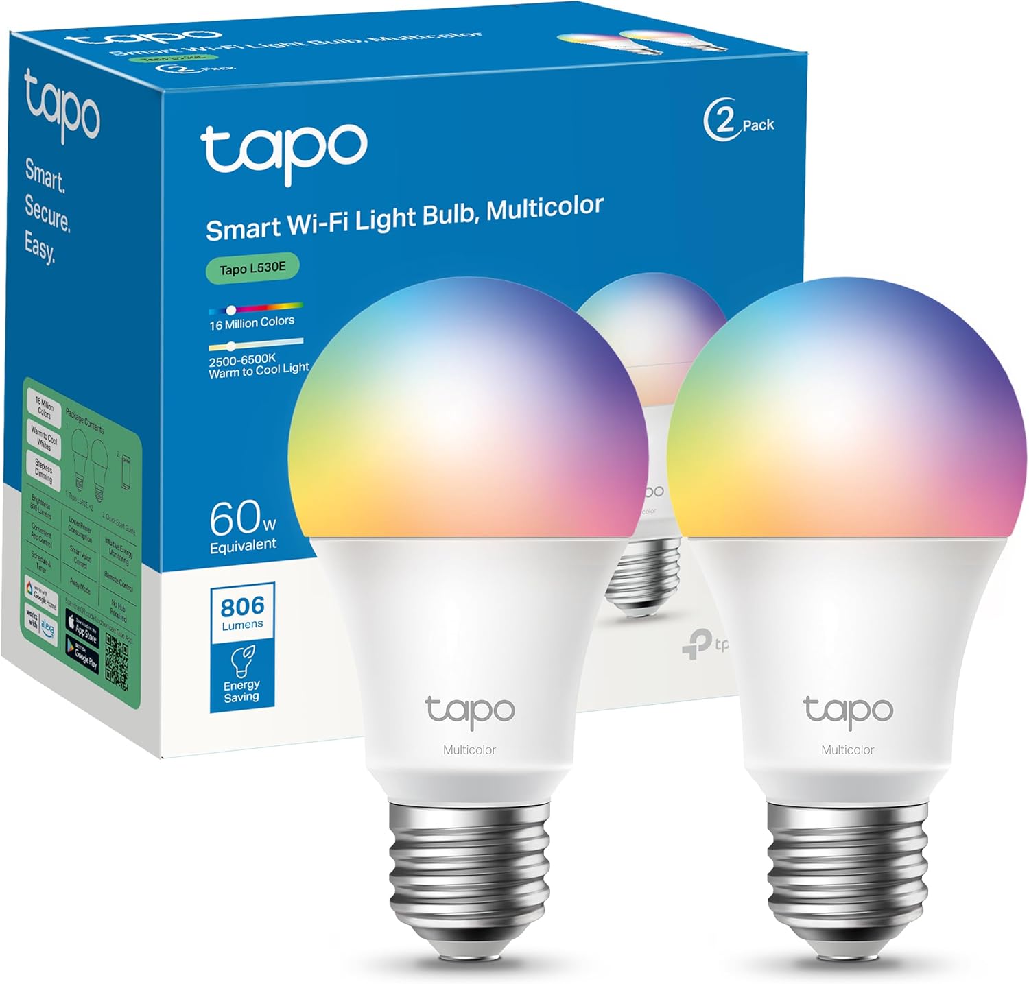 Tapo bombilla LED inteligente Wi-Fi, multicolor, regulable (pack 2) – 40% descuento Amazon España