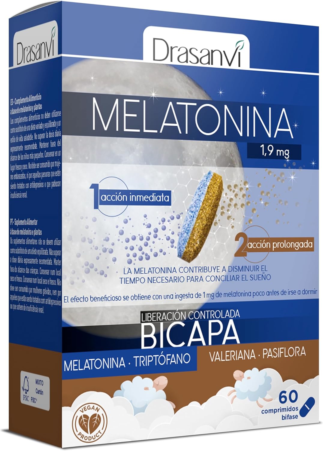 Drasanvi Melatonina bicapa 1,9 mg con triptófano, pasiflora y valeriana, 60 días – 46% descuento Amazon España